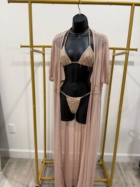 Sequined Bikini Set with Sheer Dusty Rose Duster cover up swim